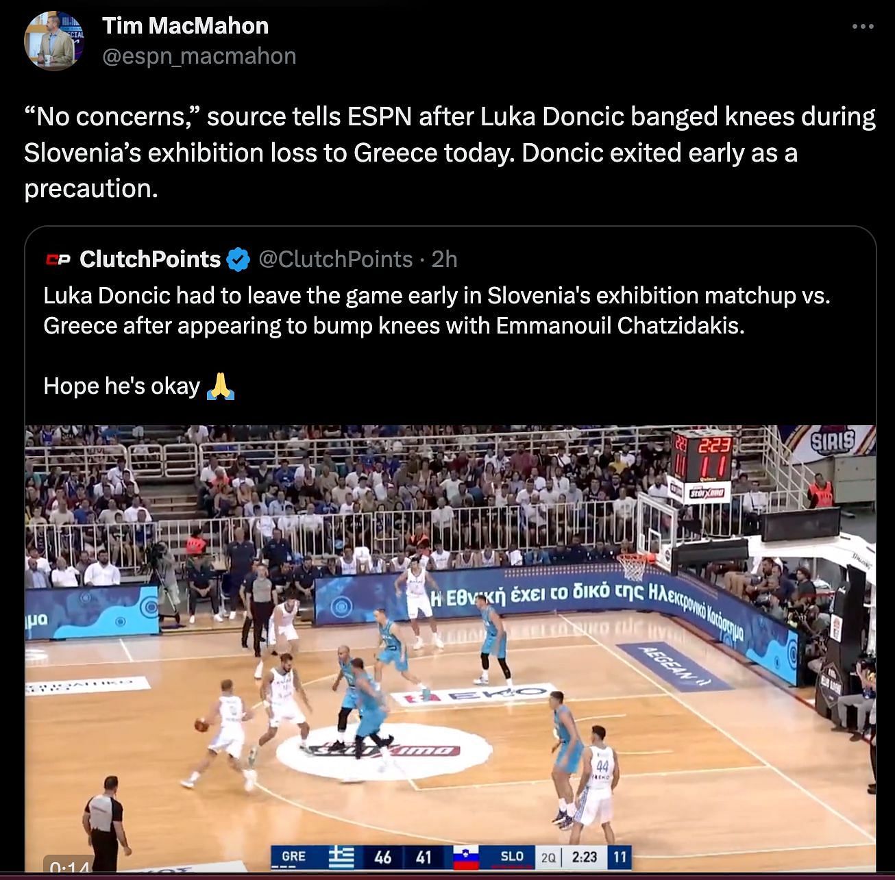 "No concern" that Luka Doncic is injured vs. Greece